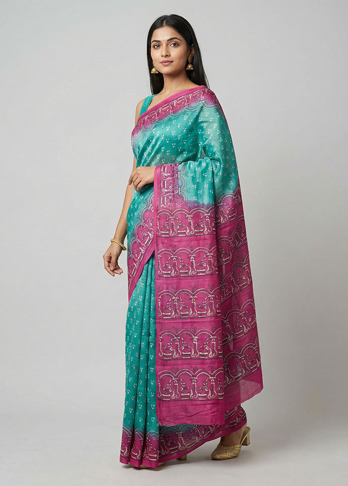 Green Printed Silk Saree Without Blouse Piece