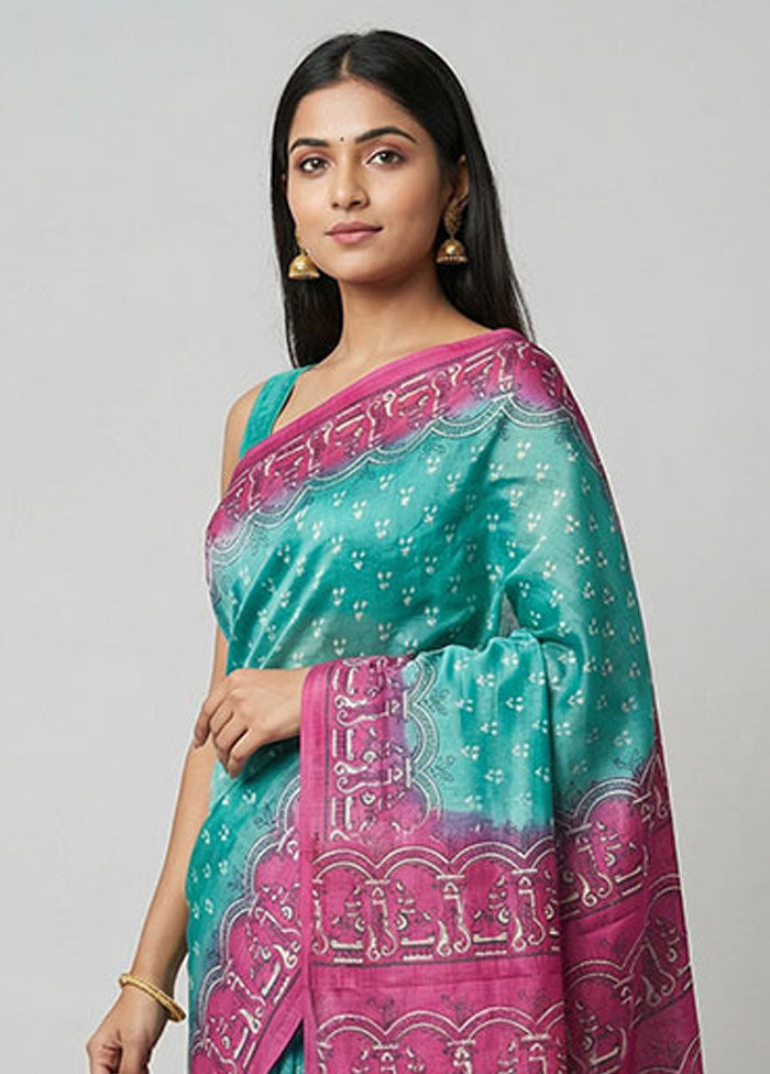Green Printed Silk Saree Without Blouse Piece