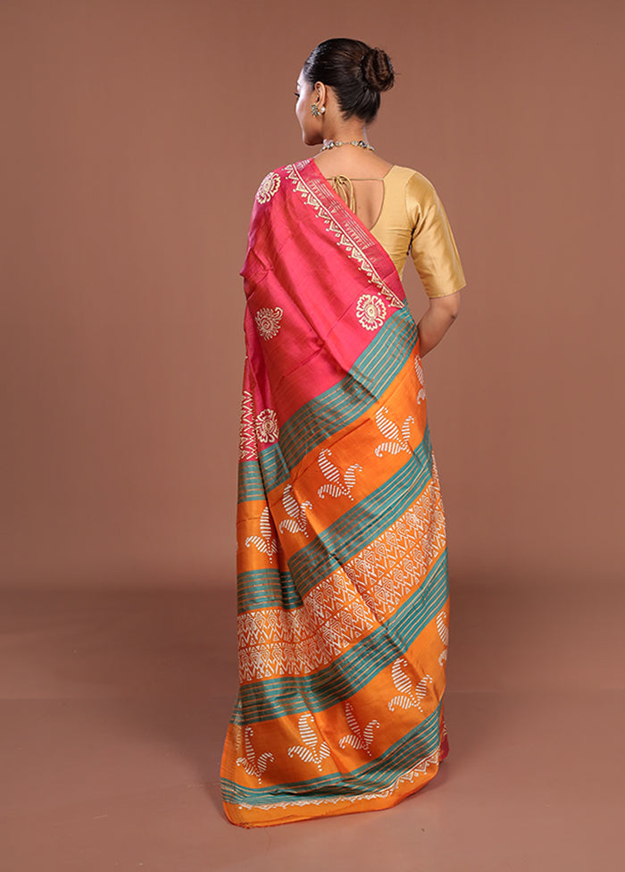 Pink Printed Pure Silk Saree Without Blouse Piece