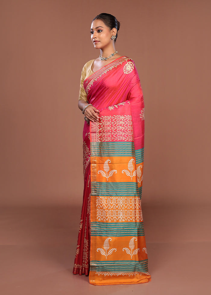 Pink Printed Pure Silk Saree Without Blouse Piece