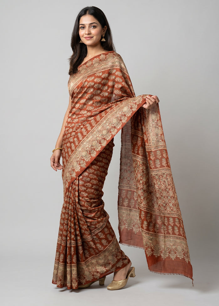 Rust Printed Silk Saree Without Blouse Piece