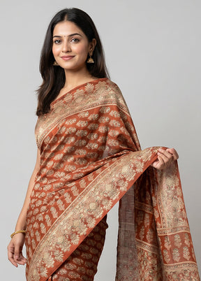 Rust Printed Silk Saree Without Blouse Piece