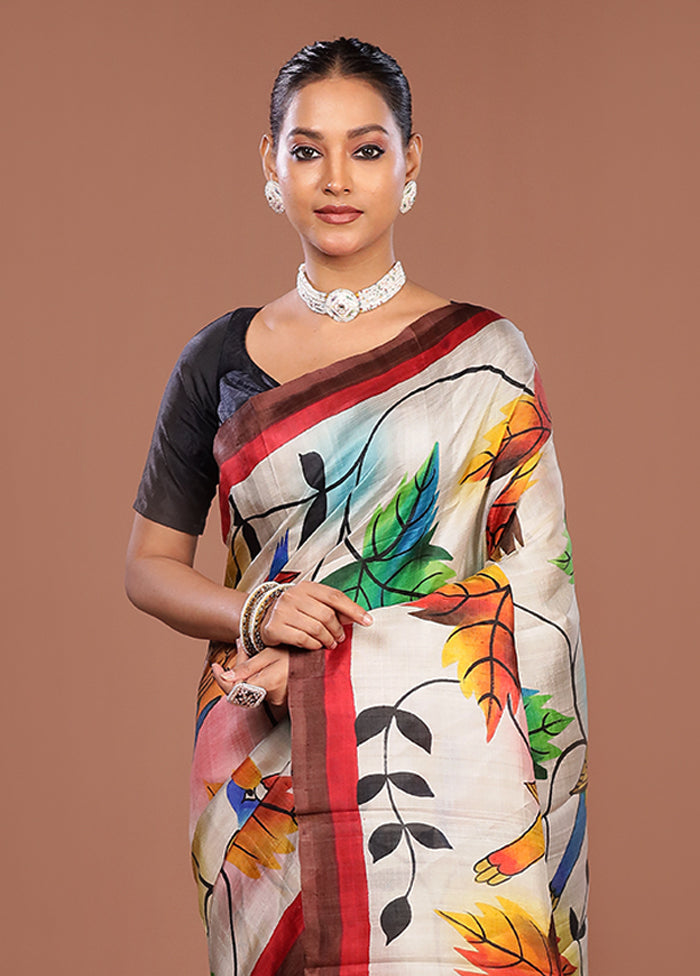 Cream Printed Pure Silk Saree Without Blouse Piece