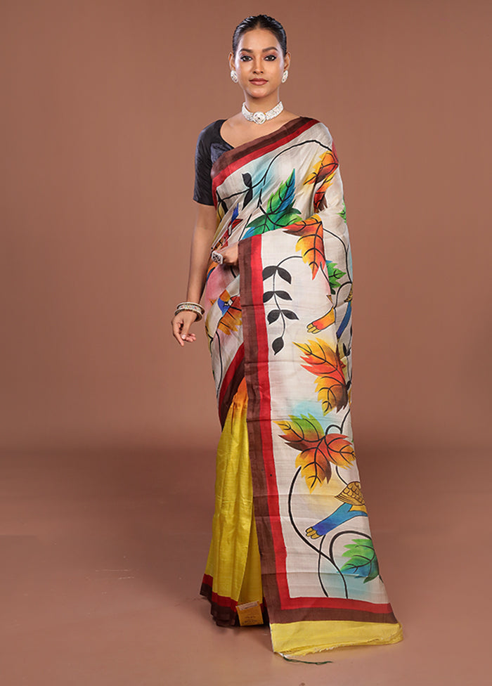 Cream Printed Pure Silk Saree Without Blouse Piece