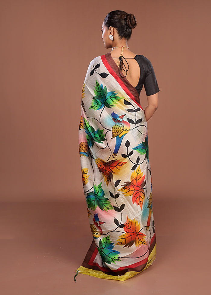 Cream Printed Pure Silk Saree Without Blouse Piece