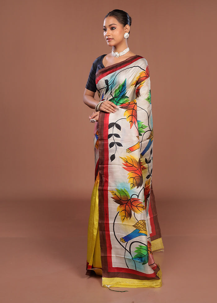 Cream Printed Pure Silk Saree Without Blouse Piece