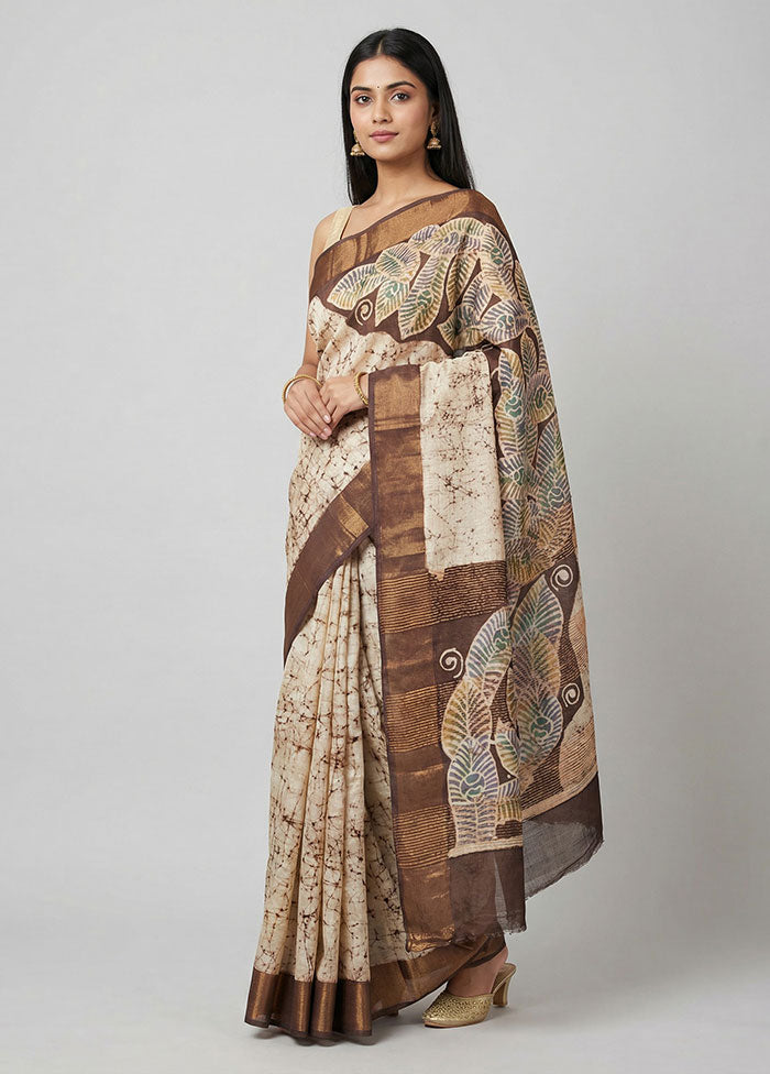 Cream Handloom Tussar Pure Silk Saree With Blouse Piece