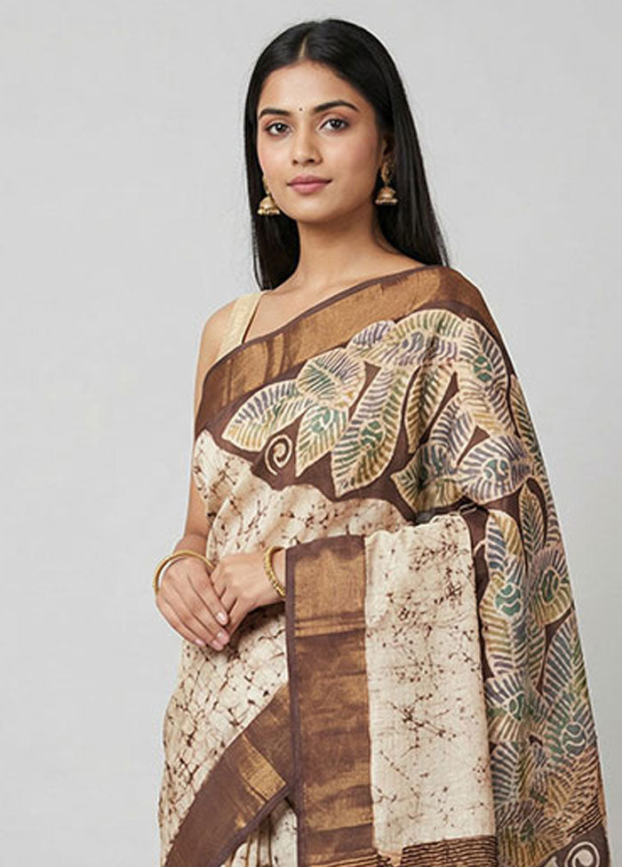 Cream Handloom Tussar Pure Silk Saree With Blouse Piece