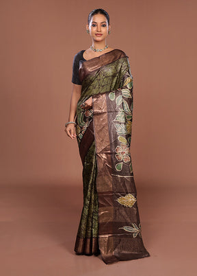 Green Handloom Tussar Pure Silk Saree With Blouse Piece