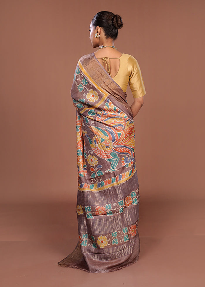 Cream Handloom Tussar Pure Silk Saree With Blouse Piece