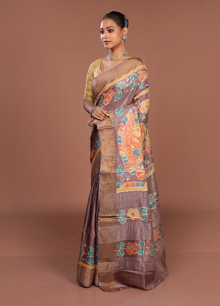 Cream Handloom Tussar Pure Silk Saree With Blouse Piece