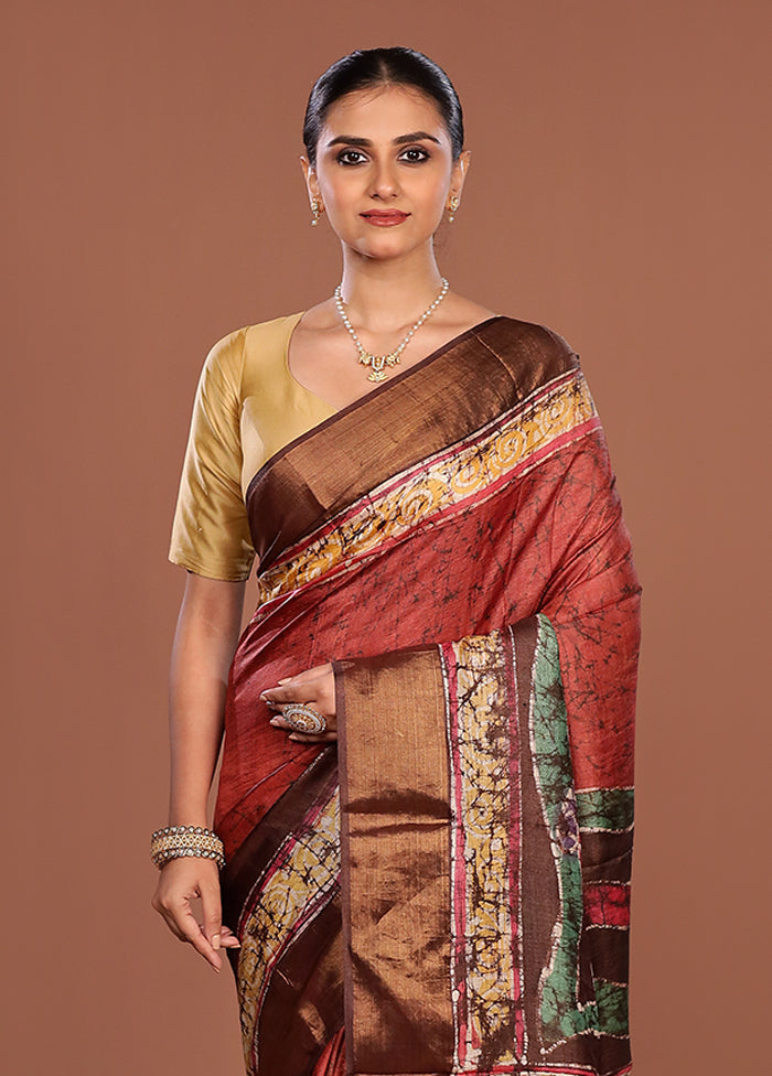 Green Handloom Tussar Pure Silk Saree With Blouse Piece