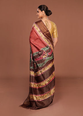 Green Handloom Tussar Pure Silk Saree With Blouse Piece