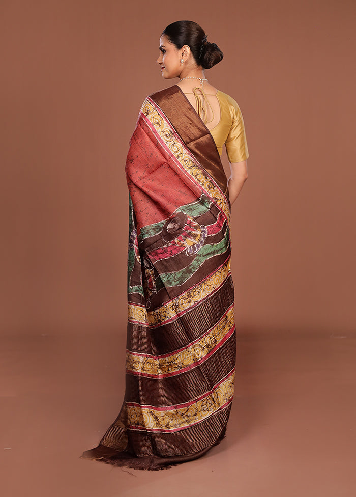 Green Handloom Tussar Pure Silk Saree With Blouse Piece