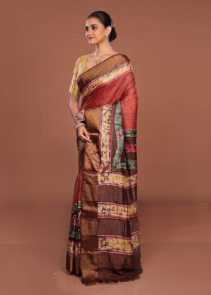 Green Handloom Tussar Pure Silk Saree With Blouse Piece