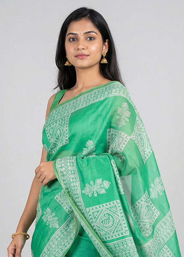 Green Printed Silk Saree Without Blouse Piece