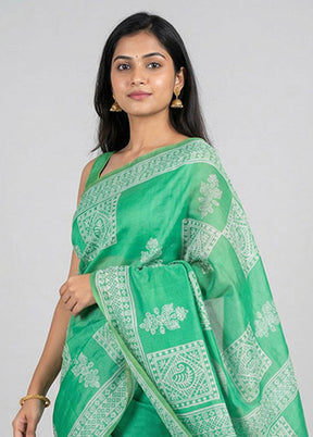 Green Printed Silk Saree Without Blouse Piece
