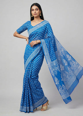 Blue Printed Silk Saree Without Blouse Piece