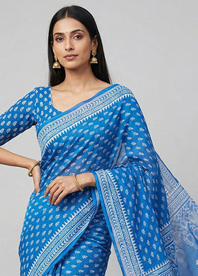 Blue Printed Silk Saree Without Blouse Piece