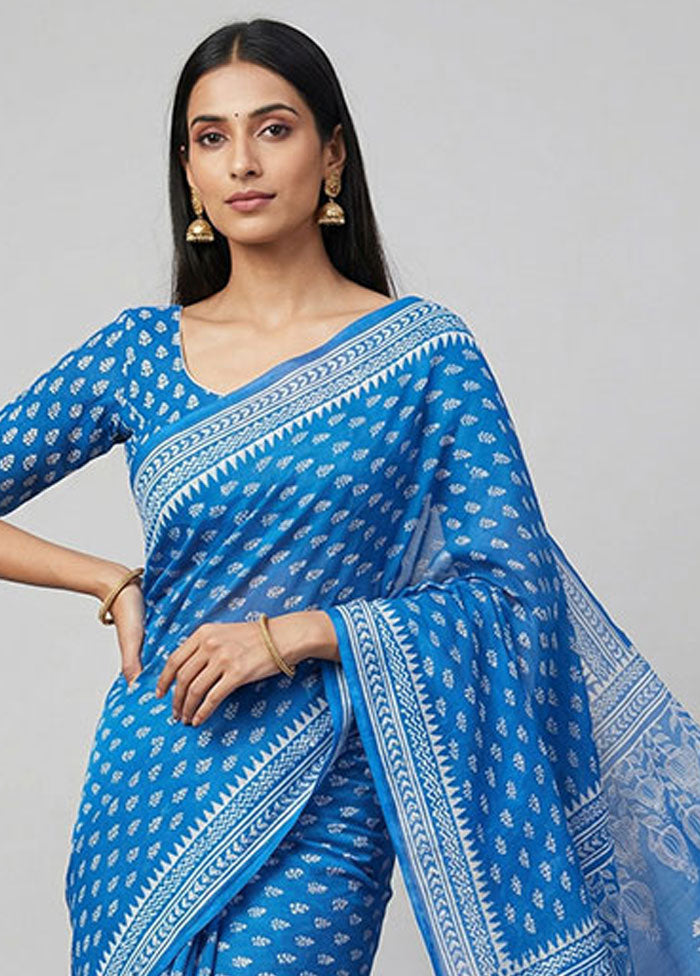 Blue Printed Silk Saree Without Blouse Piece