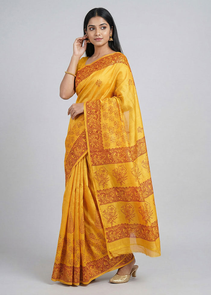 Yellow Printed Silk Saree Without Blouse Piece