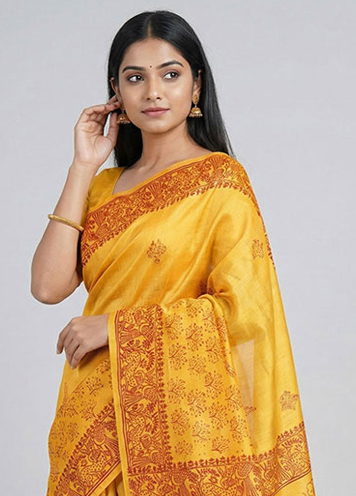 Yellow Printed Silk Saree Without Blouse Piece
