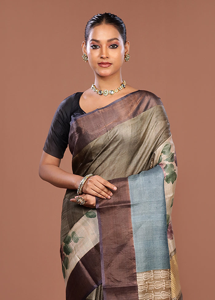 Green Handloom Tussar Pure Silk Saree With Blouse Piece