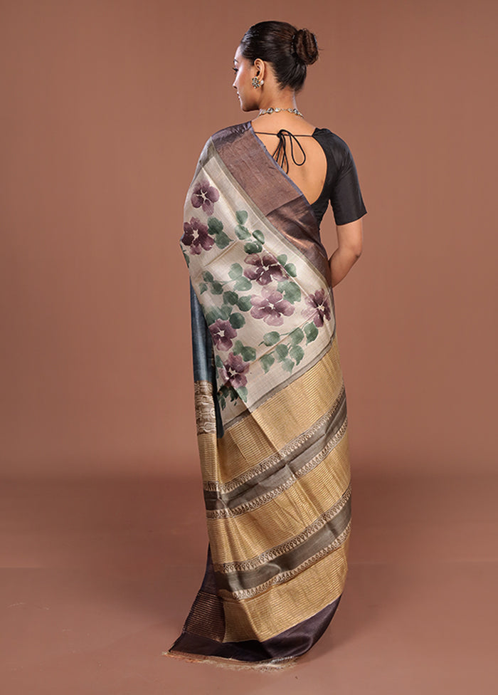 Green Handloom Tussar Pure Silk Saree With Blouse Piece