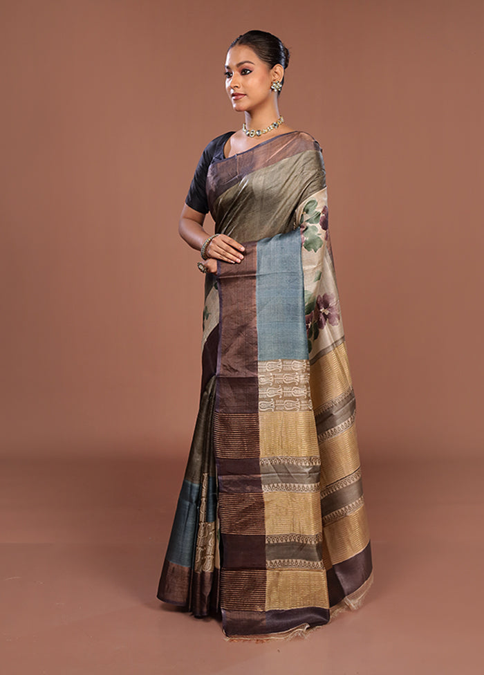 Green Handloom Tussar Pure Silk Saree With Blouse Piece