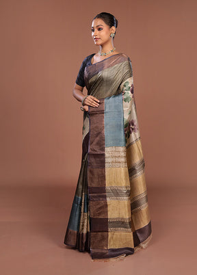 Green Handloom Tussar Pure Silk Saree With Blouse Piece