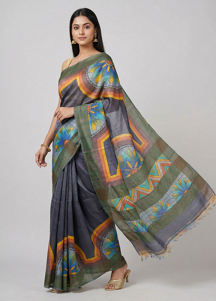 Black Handloom Tussar Pure Silk Saree With Blouse Piece