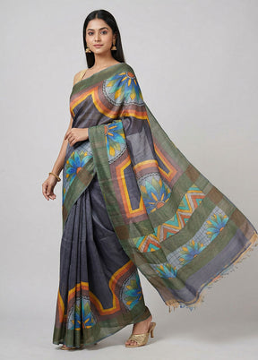 Black Handloom Tussar Pure Silk Saree With Blouse Piece