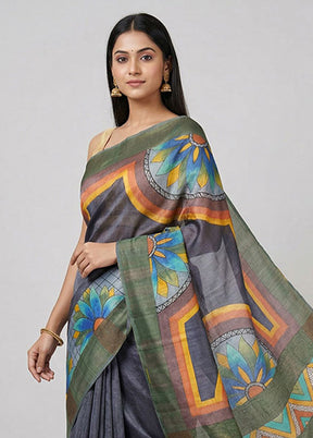 Black Handloom Tussar Pure Silk Saree With Blouse Piece