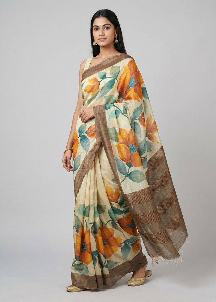 Yellow Handloom Tussar Pure Silk Saree With Blouse Piece