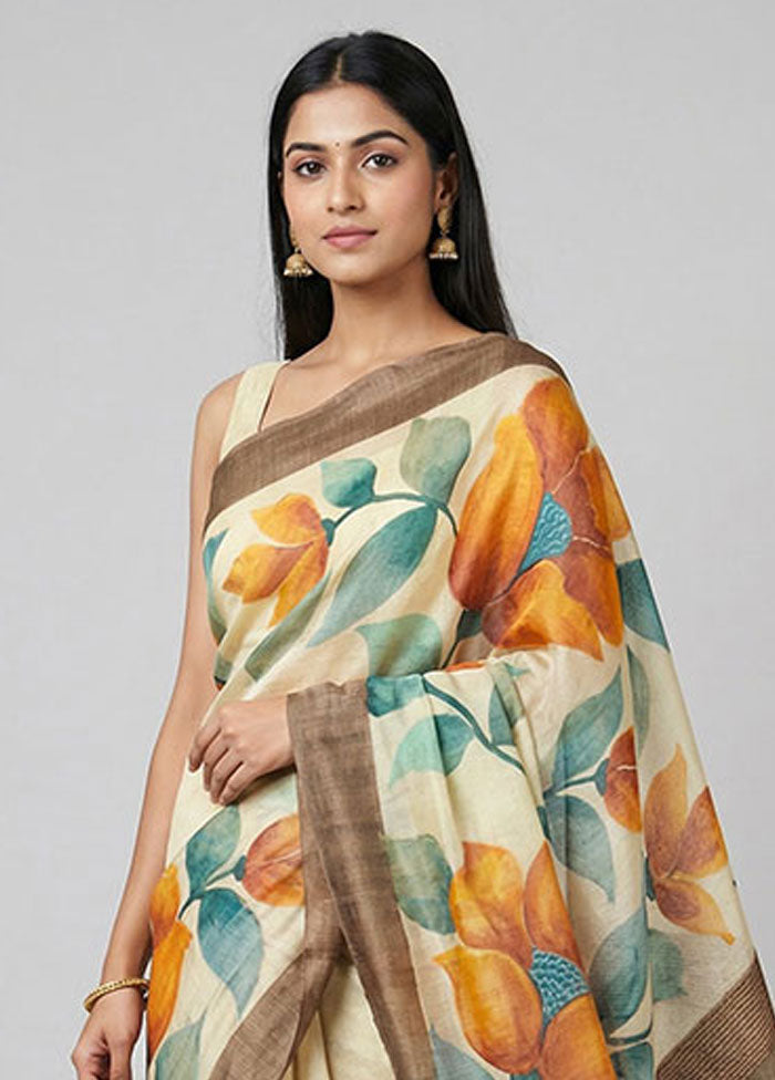 Yellow Handloom Tussar Pure Silk Saree With Blouse Piece