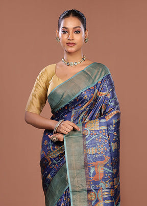 Blue Handloom Tussar Pure Silk Saree With Blouse Piece