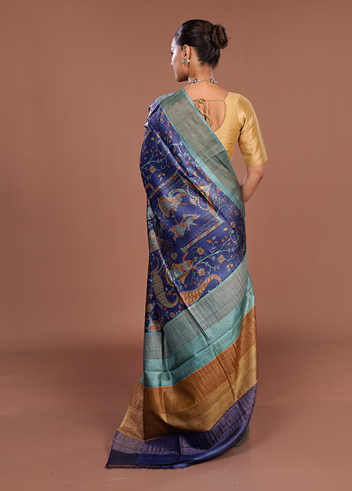 Blue Handloom Tussar Pure Silk Saree With Blouse Piece
