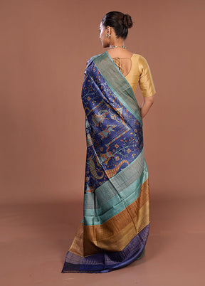 Blue Handloom Tussar Pure Silk Saree With Blouse Piece