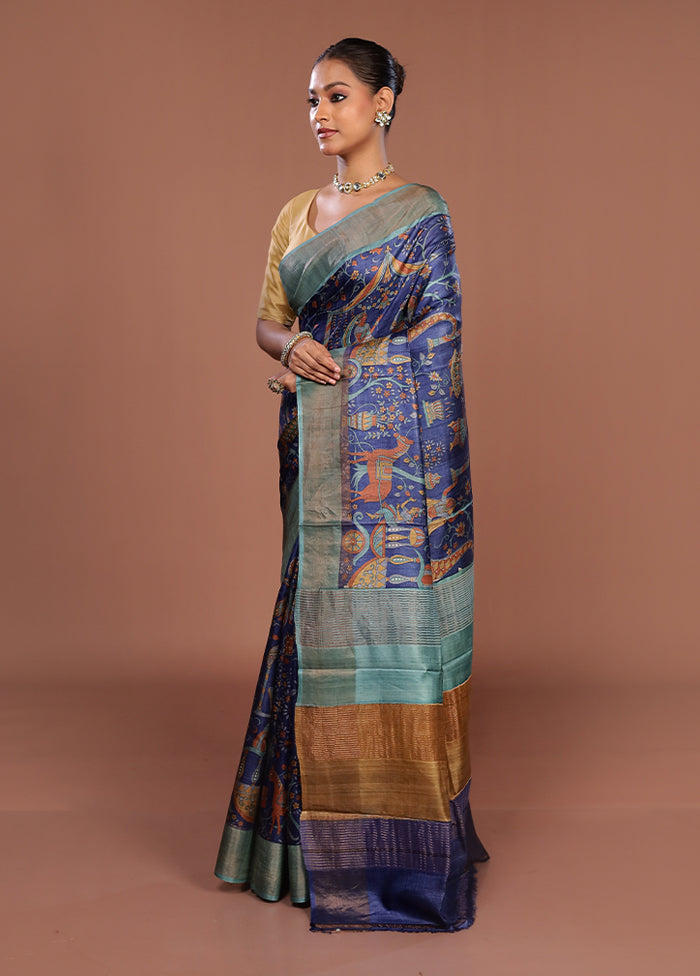 Blue Handloom Tussar Pure Silk Saree With Blouse Piece
