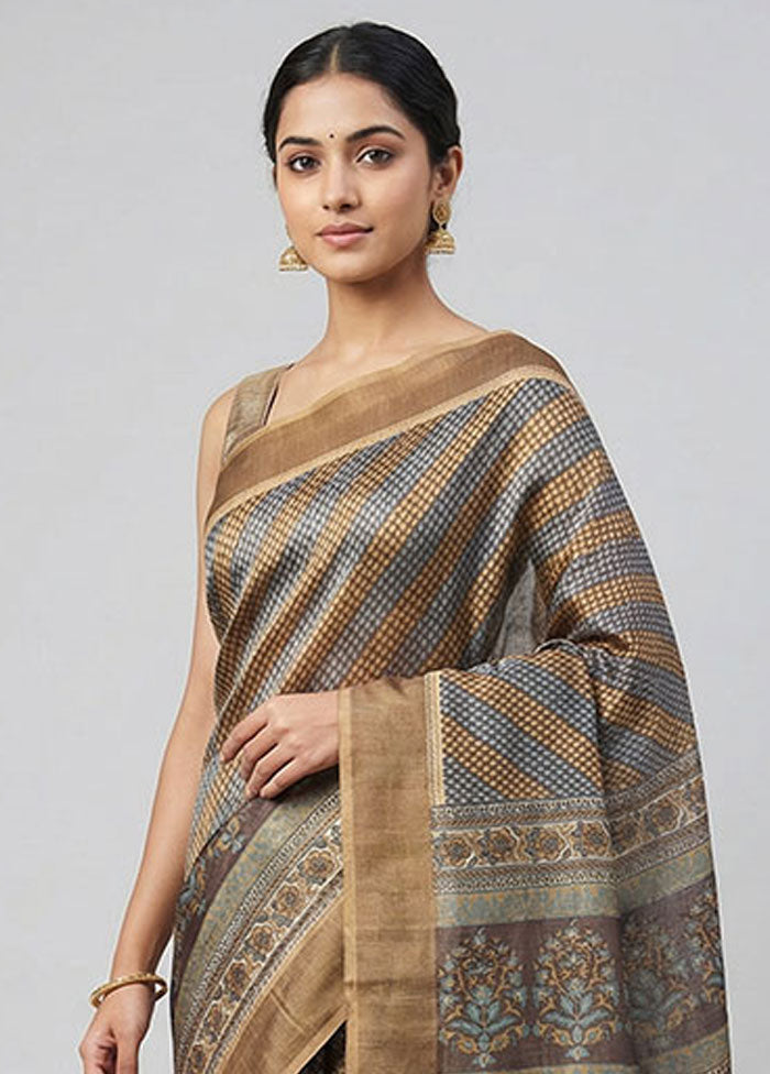Brown Handloom Tussar Silk Saree With Blouse Piece