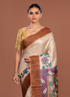 Cream Handloom Tussar Pure Silk Saree With Blouse Piece