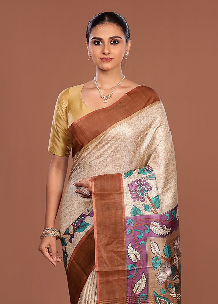 Cream Handloom Tussar Pure Silk Saree With Blouse Piece