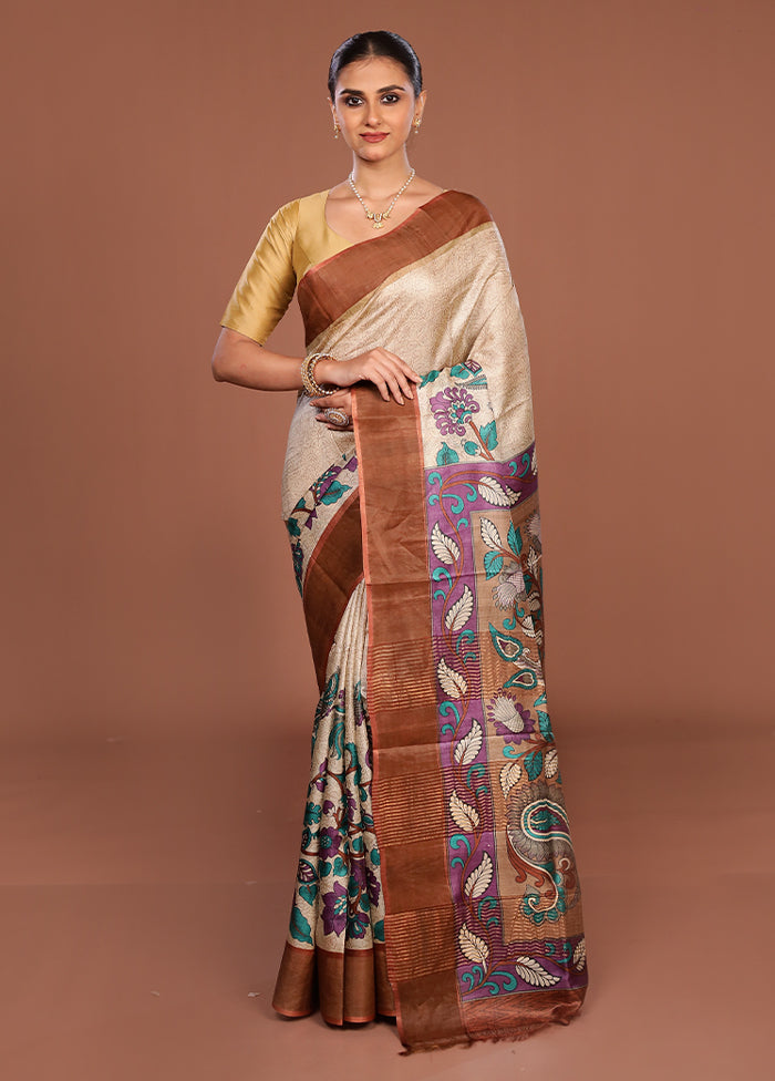 Cream Handloom Tussar Pure Silk Saree With Blouse Piece