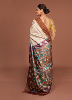 Cream Handloom Tussar Pure Silk Saree With Blouse Piece