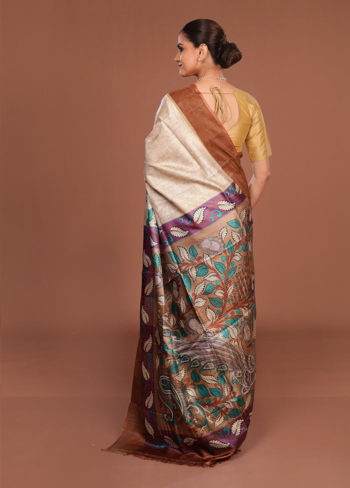 Cream Handloom Tussar Pure Silk Saree With Blouse Piece
