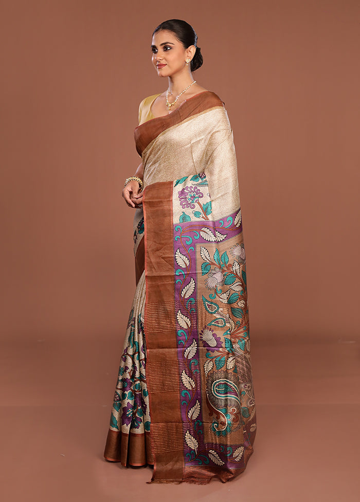 Cream Handloom Tussar Pure Silk Saree With Blouse Piece