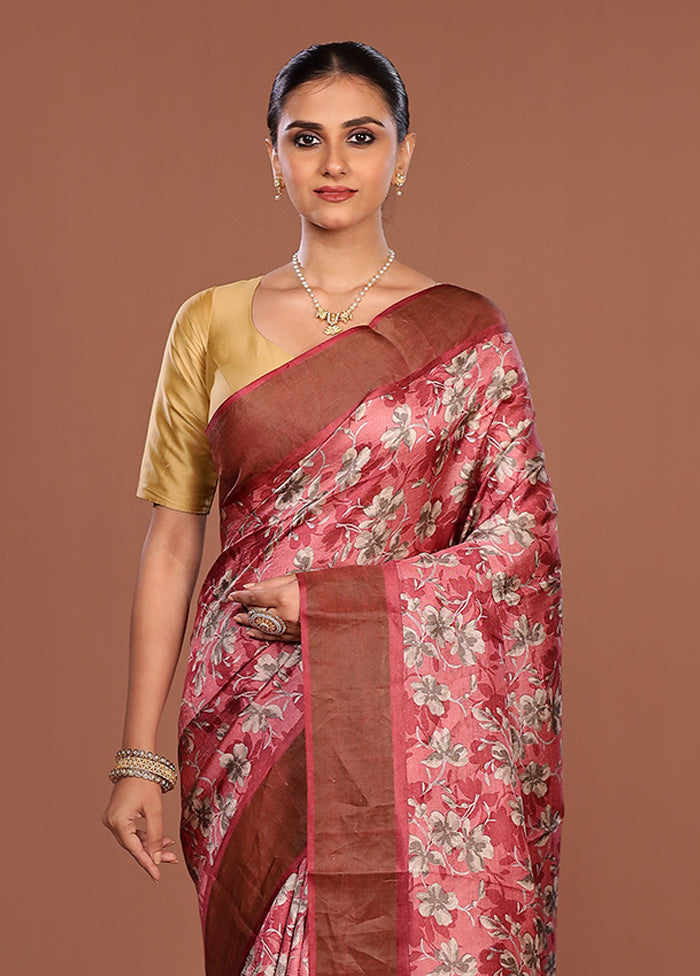 Pink Handloom Tussar Pure Silk Saree With Blouse Piece