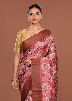 Pink Handloom Tussar Pure Silk Saree With Blouse Piece