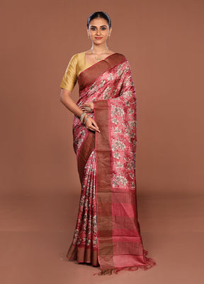 Pink Handloom Tussar Pure Silk Saree With Blouse Piece