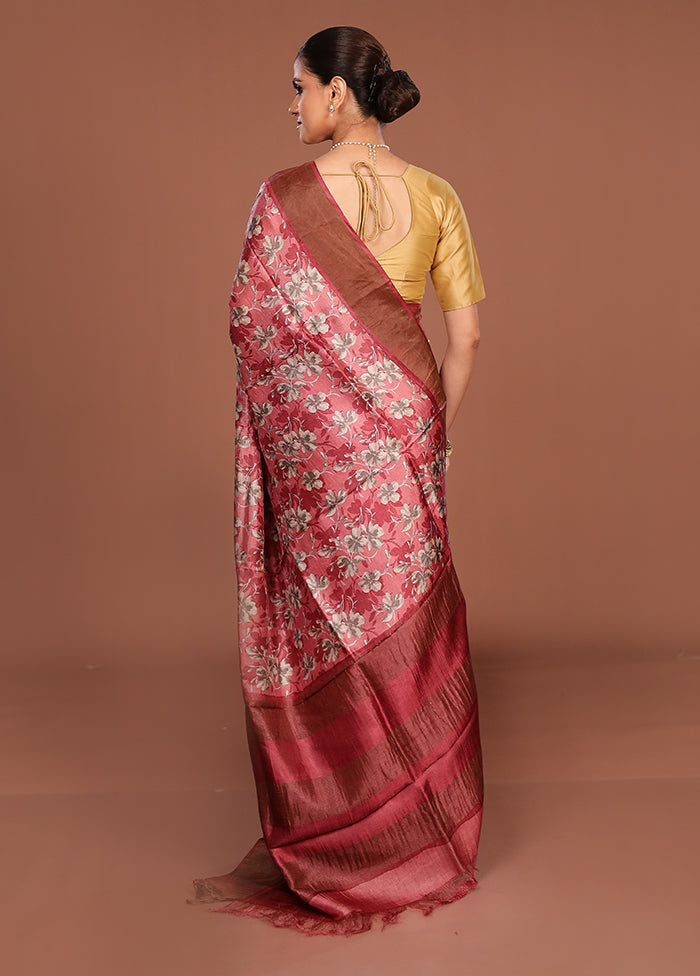 Pink Handloom Tussar Pure Silk Saree With Blouse Piece